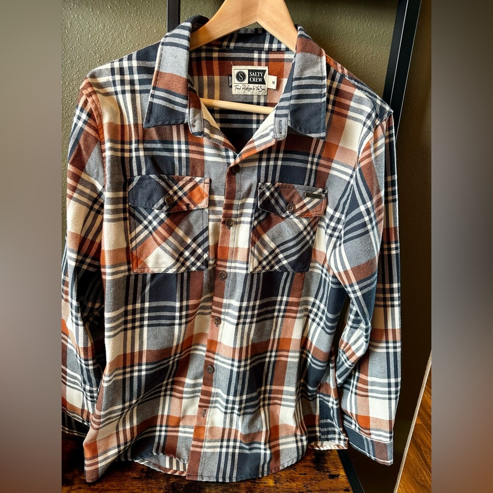 Salty Crew Woman’s Plaid Button Up- Navy, Rust, Cream